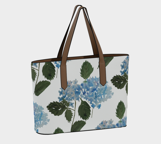 Blue Hydrangea Original Vegan Leather Tote Bag, by Sharon Tiger - Fur, Feathers and Flowers