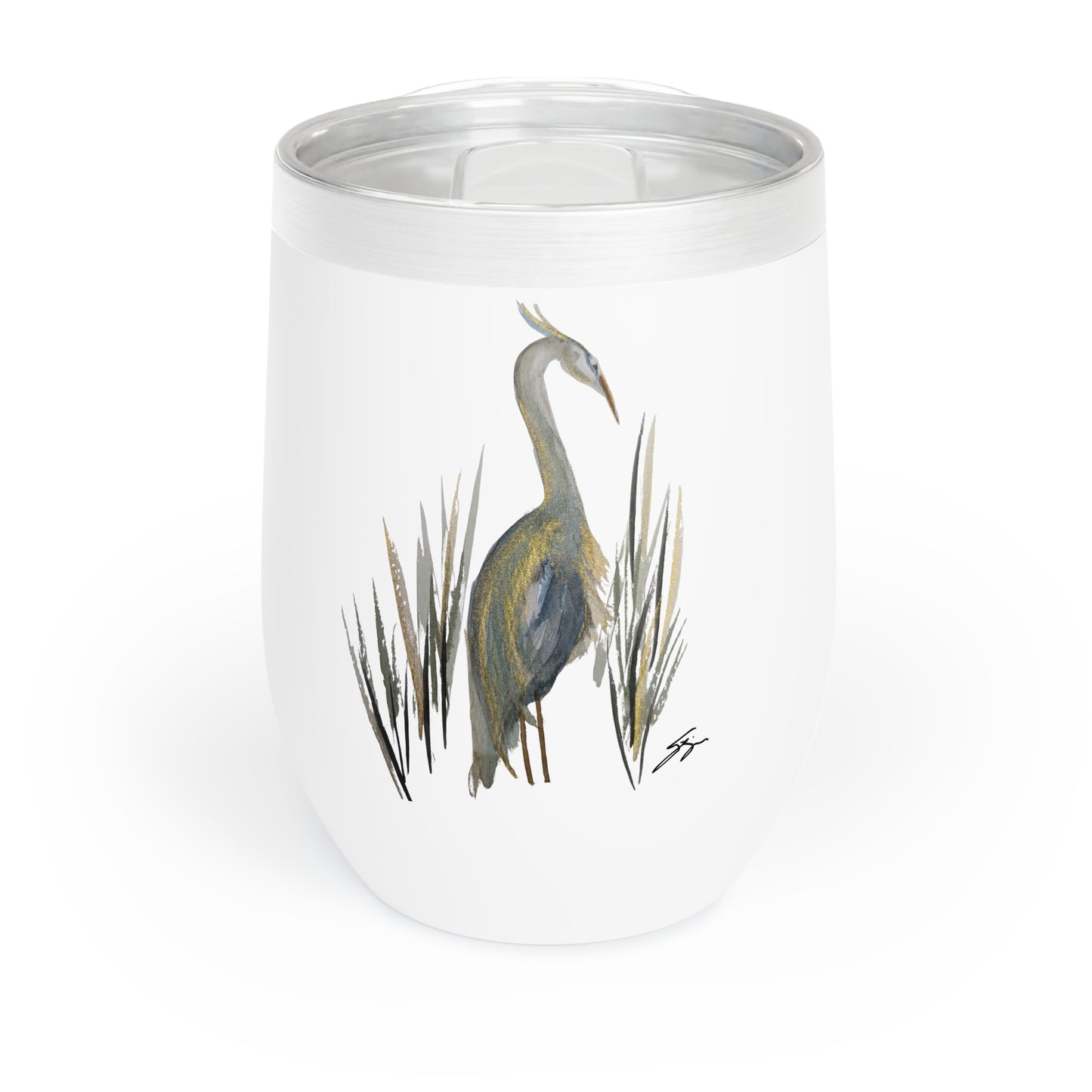 12 oz Tumbler – Original Heron Watercolor by Sharon Tiger - Fur, Feathers and Flowers