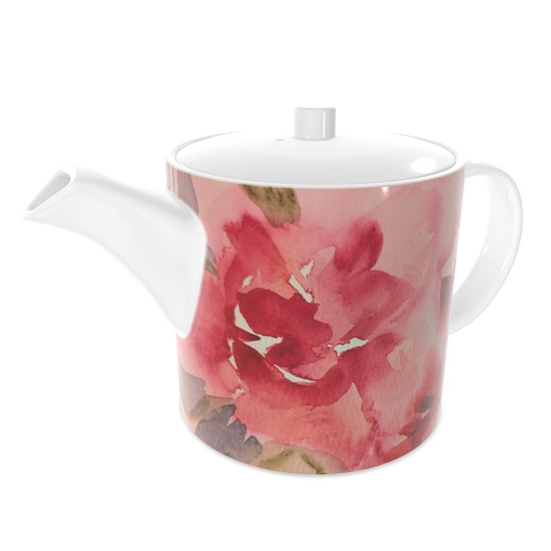 Bone China Teapot, Original Pink & Red Floral Watercolor Floral, by Sharon Tiger - Fur, Feathers and Flowers