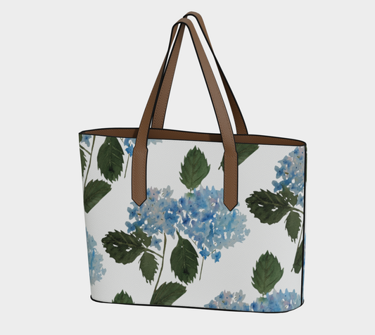 Blue Hydrangea Original Vegan Leather Tote Bag, by Sharon Tiger - Fur, Feathers and Flowers