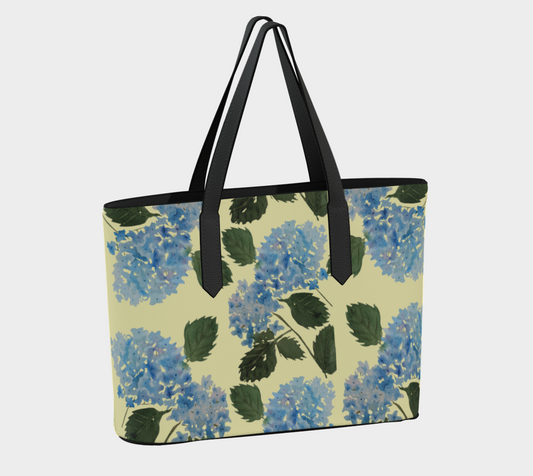 Blue Hydrangea Yellow Vegan Leather Tote - Fur, Feathers and Flowers