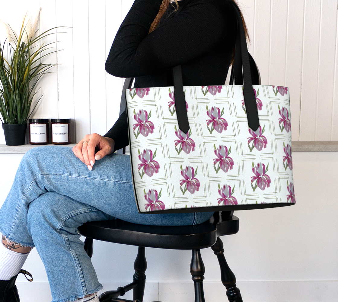 Pink Iris with Borders Vegan Leather Tote - Fur, Feathers and Flowers