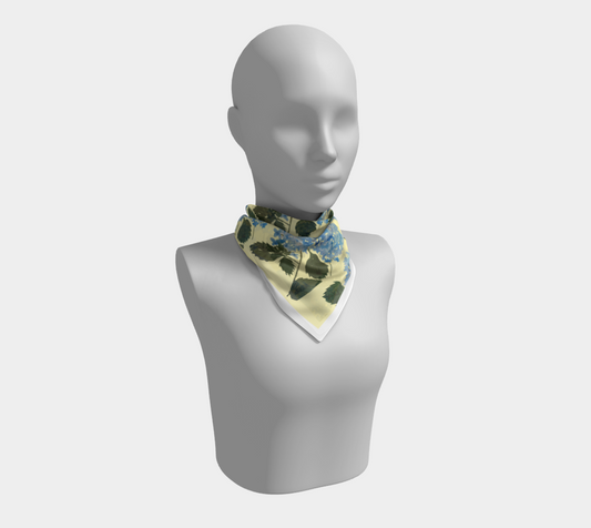 Blue Hydrangea Yellow White Border Silk Scarf by Shaorn Tiger - Fur, Feathers and Flowers