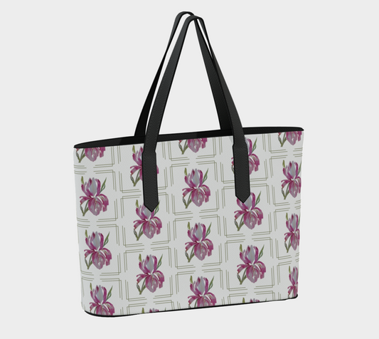 Pink Iris with Borders Vegan Leather Tote - Fur, Feathers and Flowers