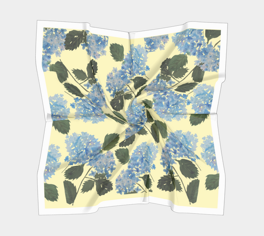 Blue Hydrangea Yellow White Border Silk Scarf by Shaorn Tiger - Fur, Feathers and Flowers