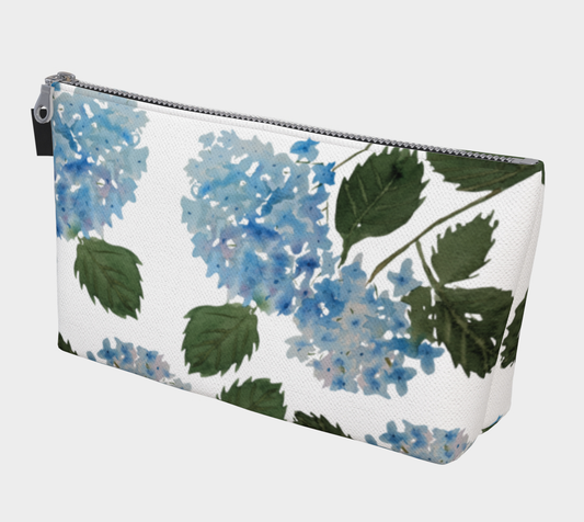 Blue Hydrangea Carry-All – Original Watercolor Art Zippered Makeup Bag - Fur, Feathers and Flowers