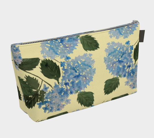 Blue Hydrangea Yellow Carry-All – Original Watercolor Art Zippered Makeup Bag - Fur, Feathers and Flowers