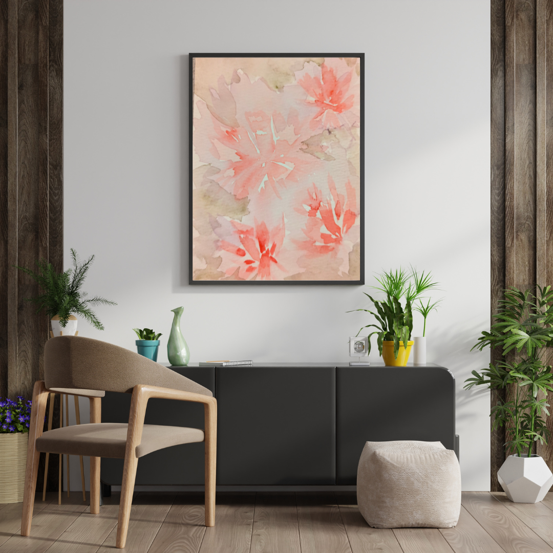 Soft Pink Floral Wall Poster Original Watercolor by Sharon Tiger - Fur, Feathers and Flowers