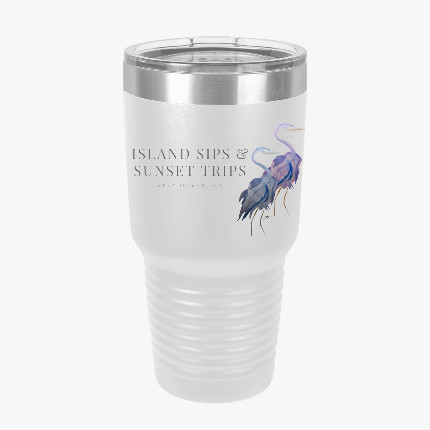 30oz Tumbler — Island Sips & Sunset Trips Watercolor Pink & Blue Heron Design by Sharon Tiger - Fur, Feathers and Flowers