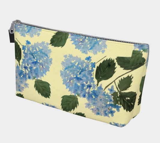 Blue Hydrangea Yellow Carry-All – Original Watercolor Art Zippered Makeup Bag - Fur, Feathers and Flowers