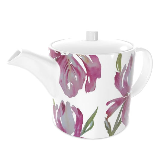 Bone China Teapot, Original Watercolor Pink Iris, by Sharon Tiger - Fur, Feathers and Flowers