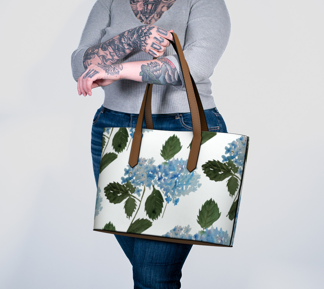 Blue Hydrangea Original Vegan Leather Tote Bag, by Sharon Tiger - Fur, Feathers and Flowers