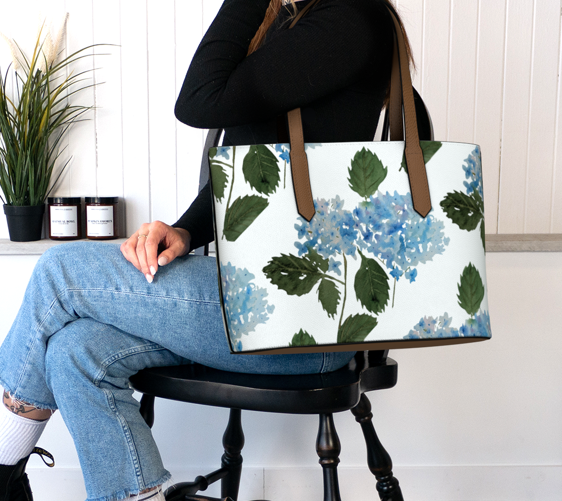 Blue Hydrangea Original Vegan Leather Tote Bag, by Sharon Tiger - Fur, Feathers and Flowers