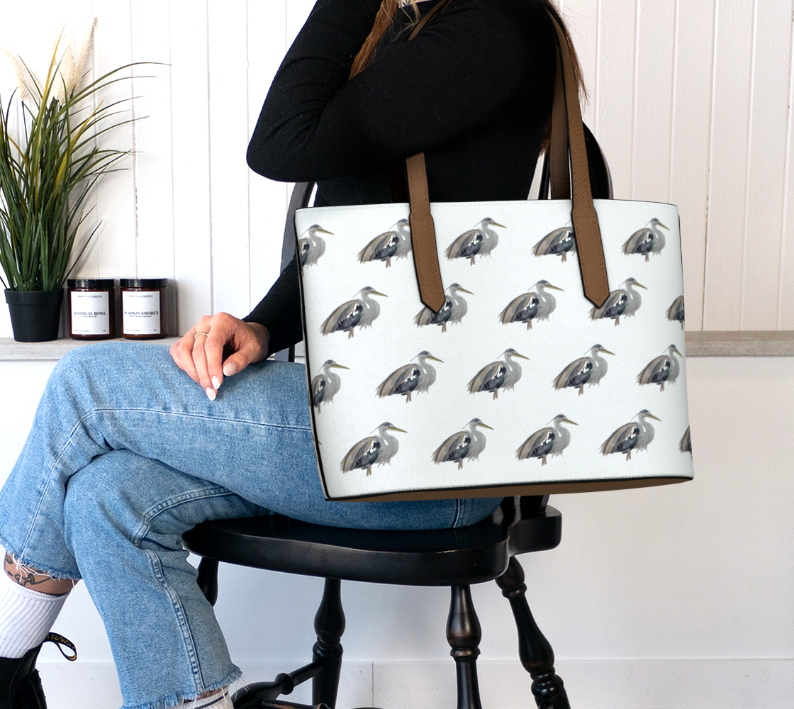 Heron Original Watercolor Vegan Leather Tote Bag - Fur, Feathers and Flowers