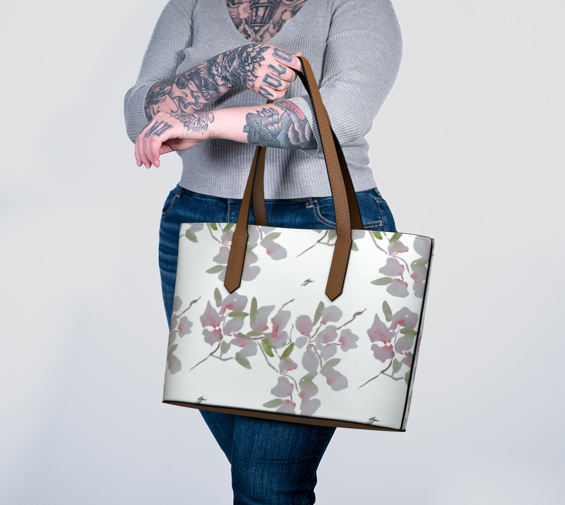 Cherry Blossom Original Watercolor Vegan Leather Tote Bag, by Sharon Tiger - Fur, Feathers and Flowers