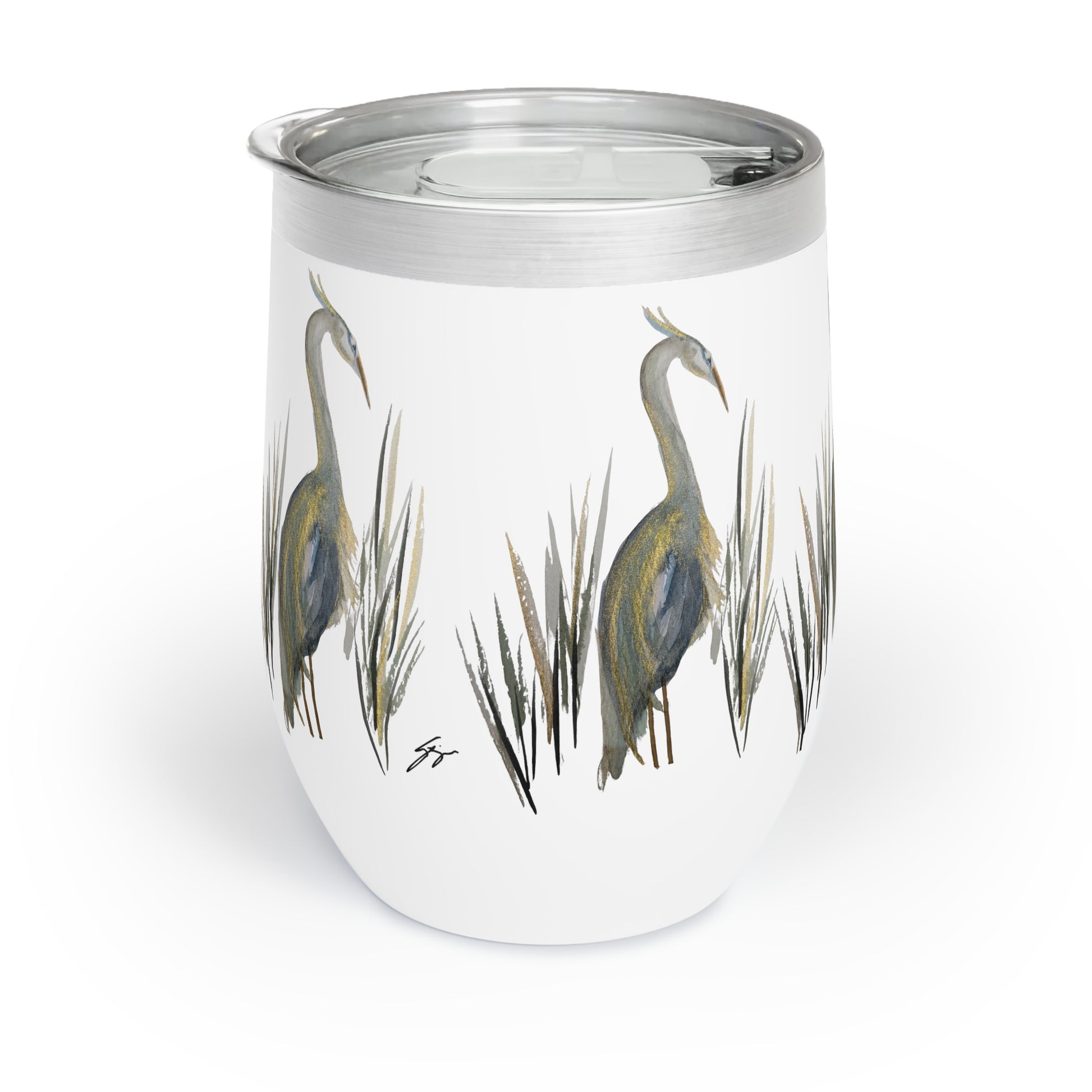 12 oz Tumbler – Original Heron Watercolor by Sharon Tiger - Fur, Feathers and Flowers