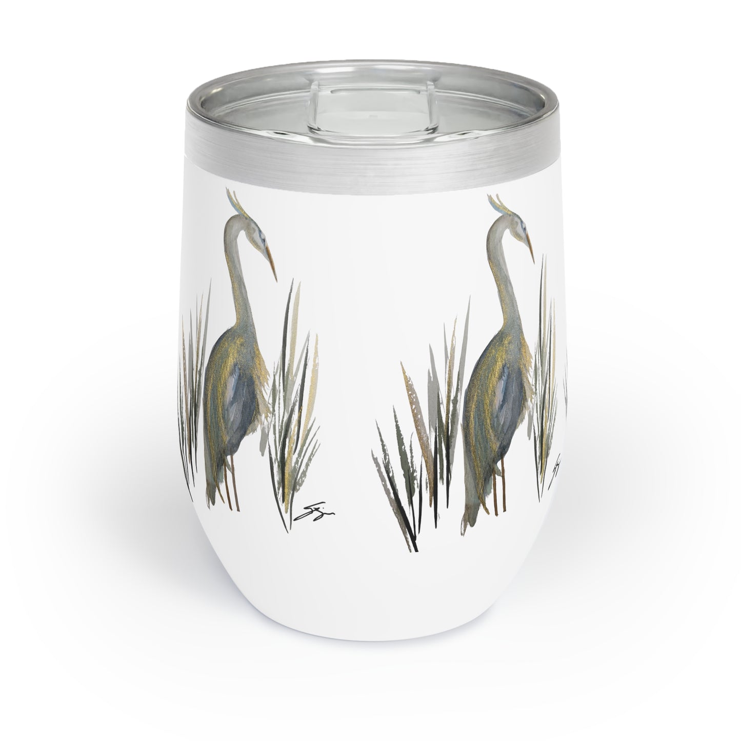 12 oz Tumbler – Original Heron Watercolor by Sharon Tiger - Fur, Feathers and Flowers