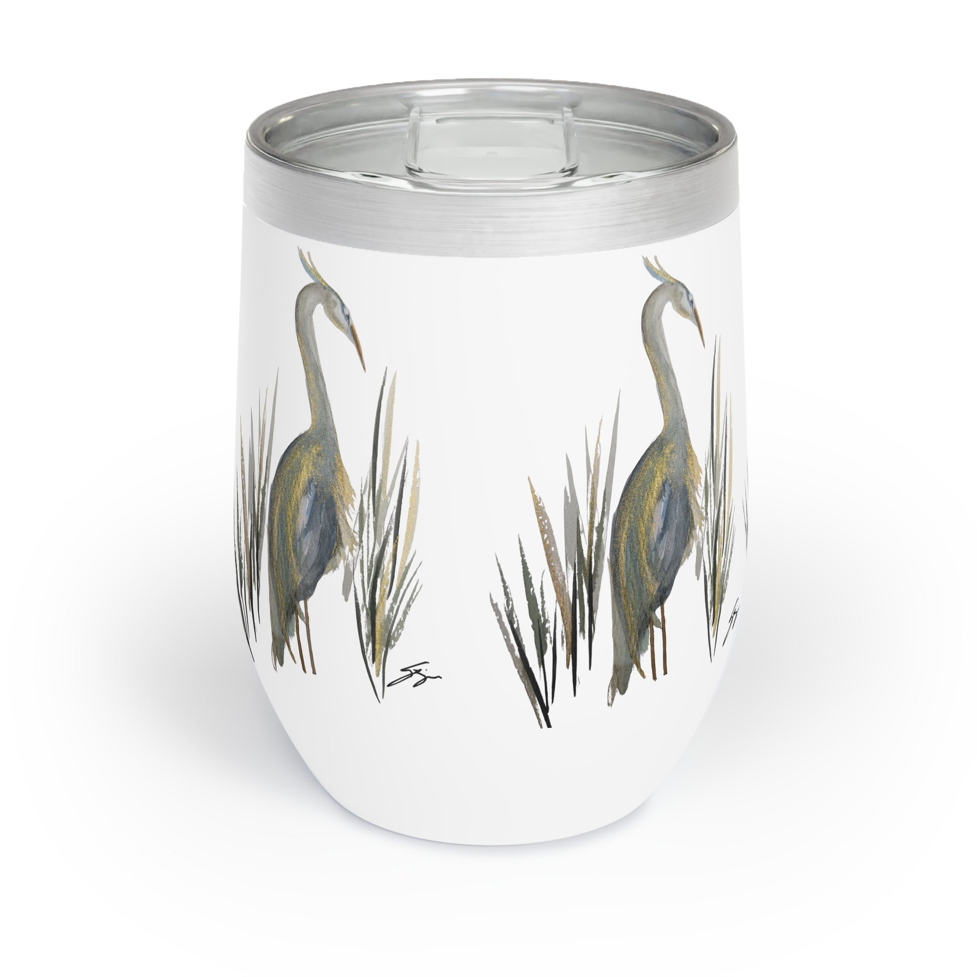 12 oz Tumbler – Original Heron Watercolor by Sharon Tiger - Fur, Feathers and Flowers