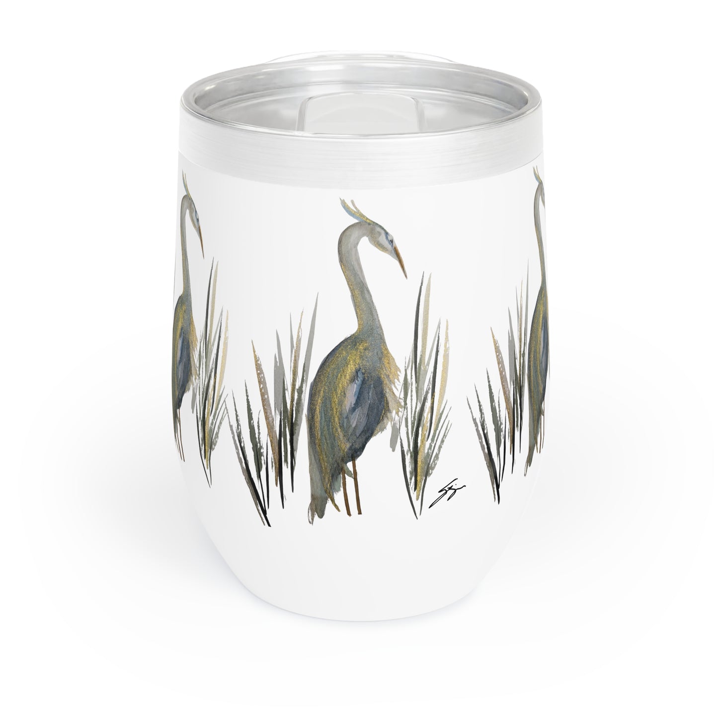 12 oz Tumbler – Original Heron Watercolor by Sharon Tiger - Fur, Feathers and Flowers