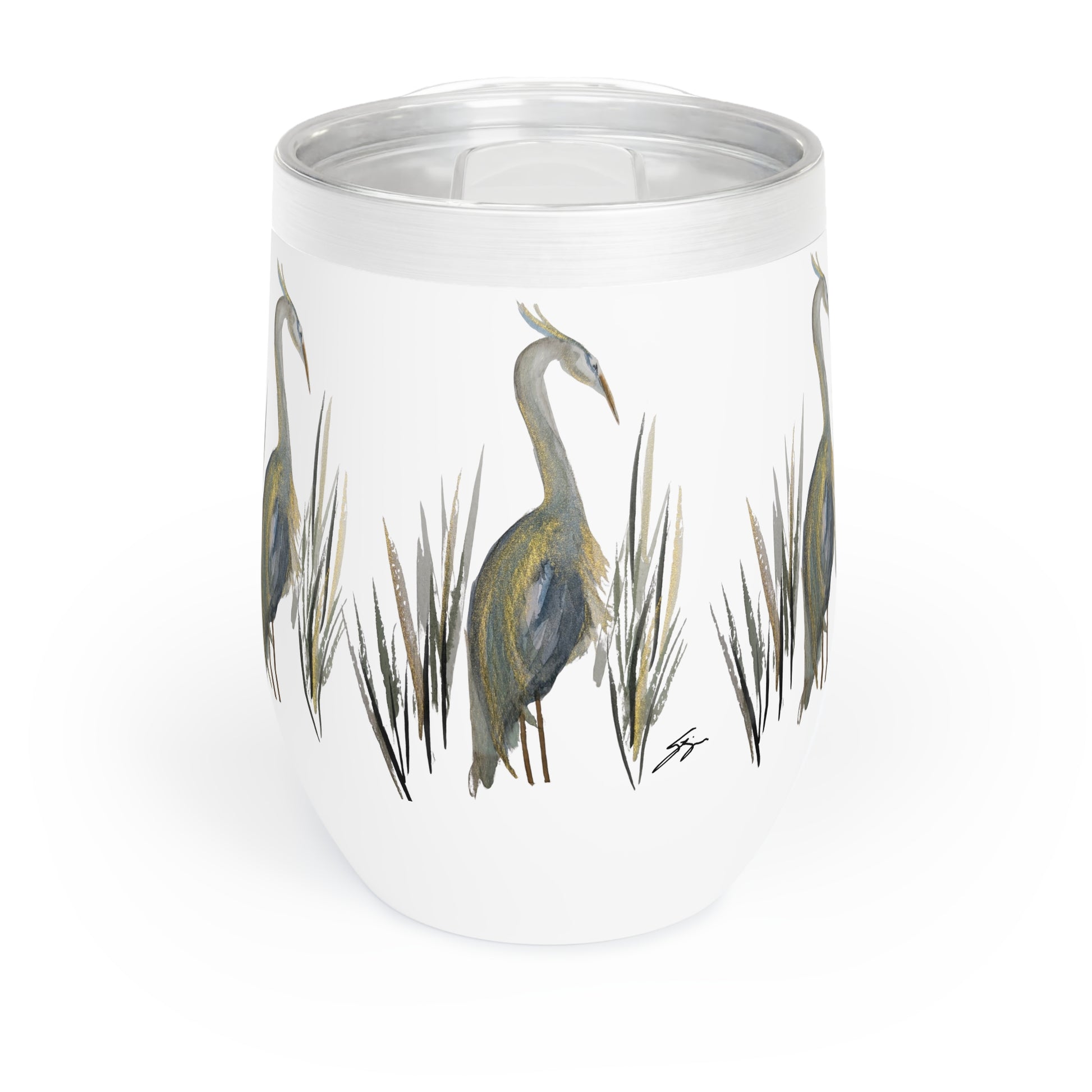 12 oz Tumbler – Original Heron Watercolor by Sharon Tiger - Fur, Feathers and Flowers