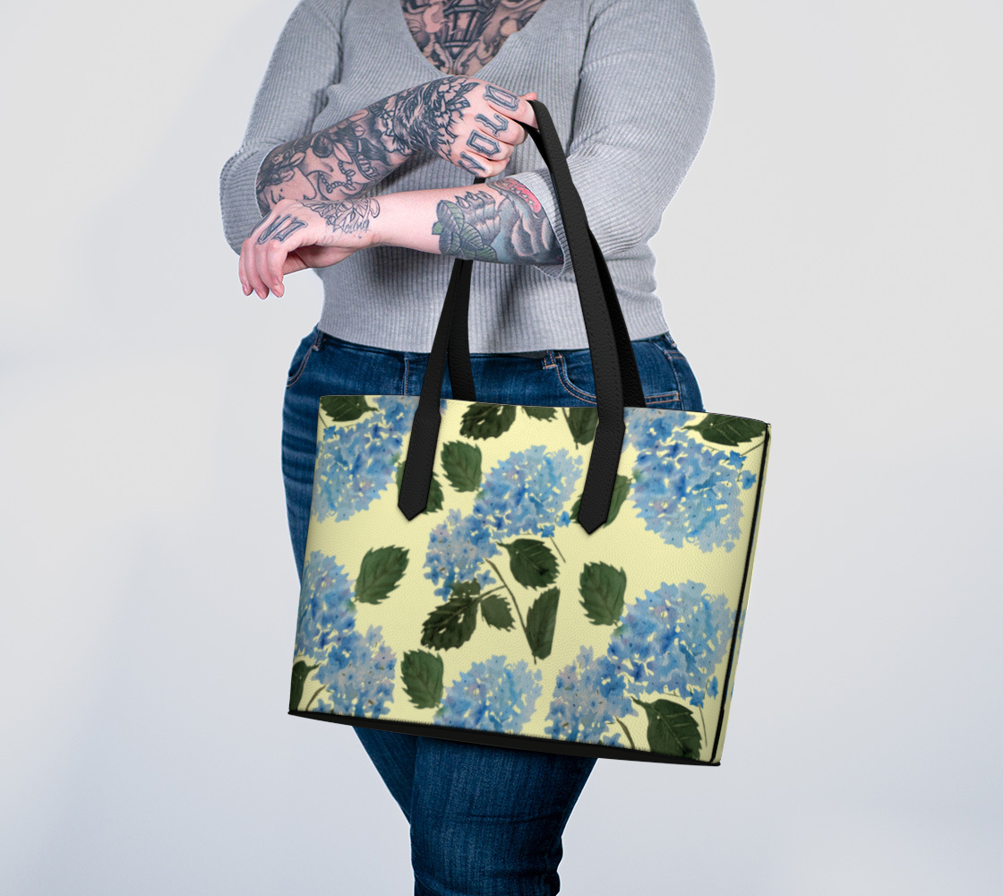Blue Hydrangea Yellow Vegan Leather Tote - Fur, Feathers and Flowers