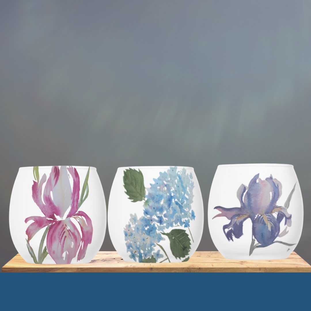 Glass Tealight Candle Holders Set of 3,  Original Watercolors by Sharon Tiger, Pink Iris, Purple Iris, Blue Hydrangea - Fur, Feathers and Flowers
