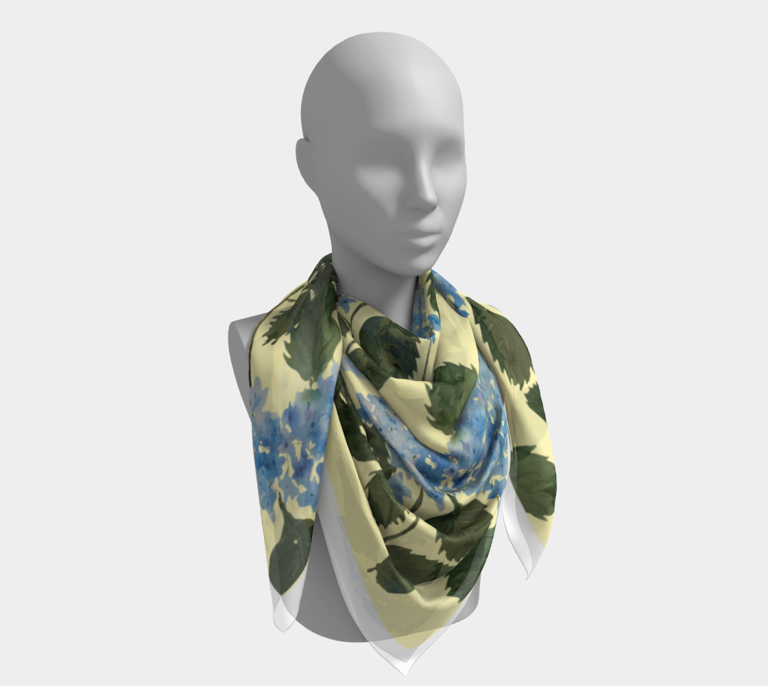 Blue Hydrangea Yellow White Border Silk Scarf by Shaorn Tiger - Fur, Feathers and Flowers