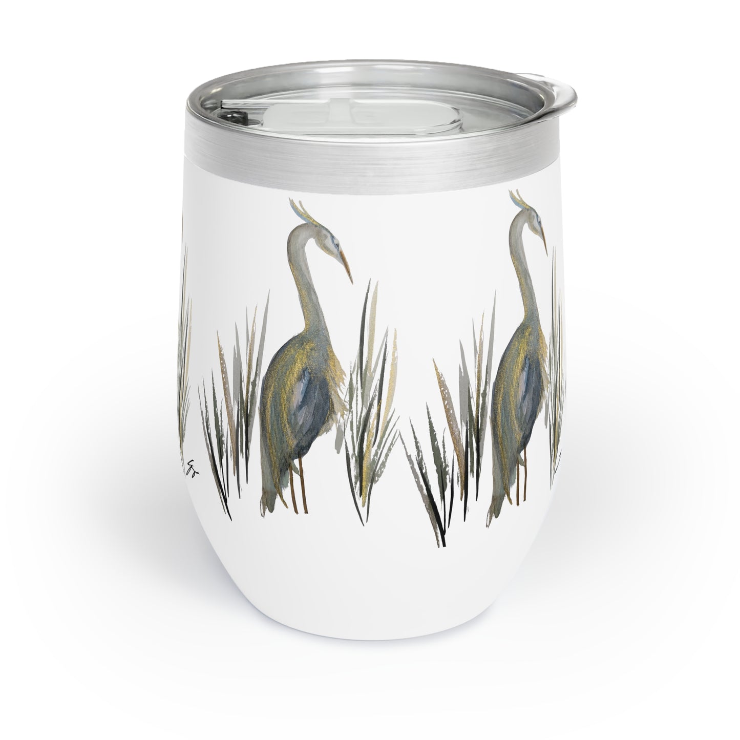 12 oz Tumbler – Original Heron Watercolor by Sharon Tiger - Fur, Feathers and Flowers