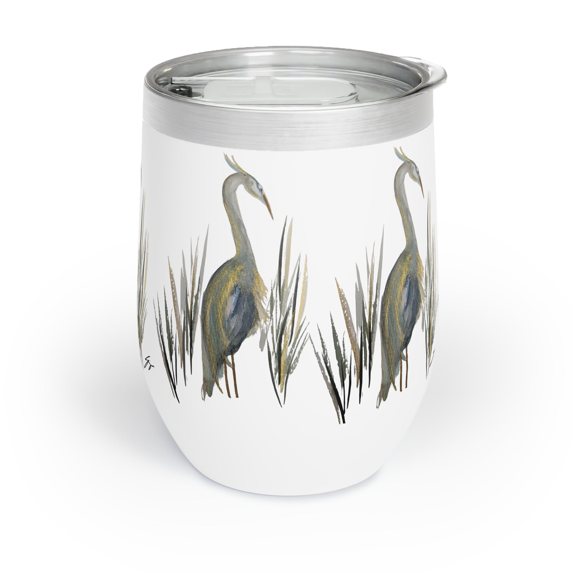 12 oz Tumbler – Original Heron Watercolor by Sharon Tiger - Fur, Feathers and Flowers
