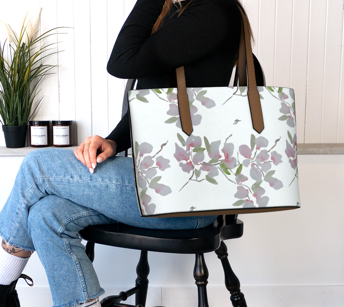 Cherry Blossom Original Watercolor Vegan Leather Tote Bag, by Sharon Tiger - Fur, Feathers and Flowers