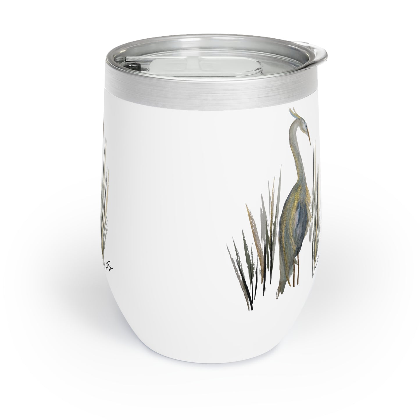 12 oz Tumbler – Original Heron Watercolor by Sharon Tiger - Fur, Feathers and Flowers