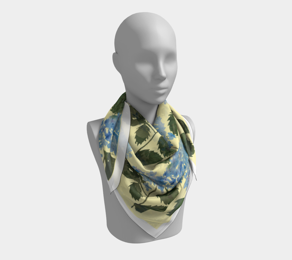 Blue Hydrangea Yellow White Border Silk Scarf by Shaorn Tiger - Fur, Feathers and Flowers