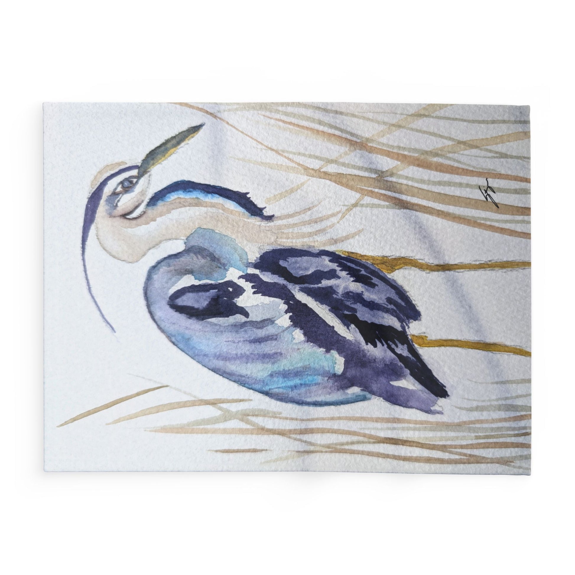 Fleece Blanket Original Heron ,Watercolor By Sharon Tiger - Fur, Feathers and Flowers