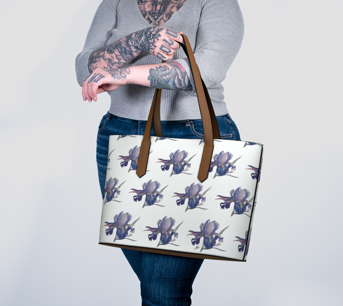 Purple Iris Original Vegan Leather Tote Bag, by Sharon Tiger - Fur, Feathers and Flowers