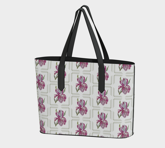 Pink Iris with Borders Vegan Leather Tote - Fur, Feathers and Flowers
