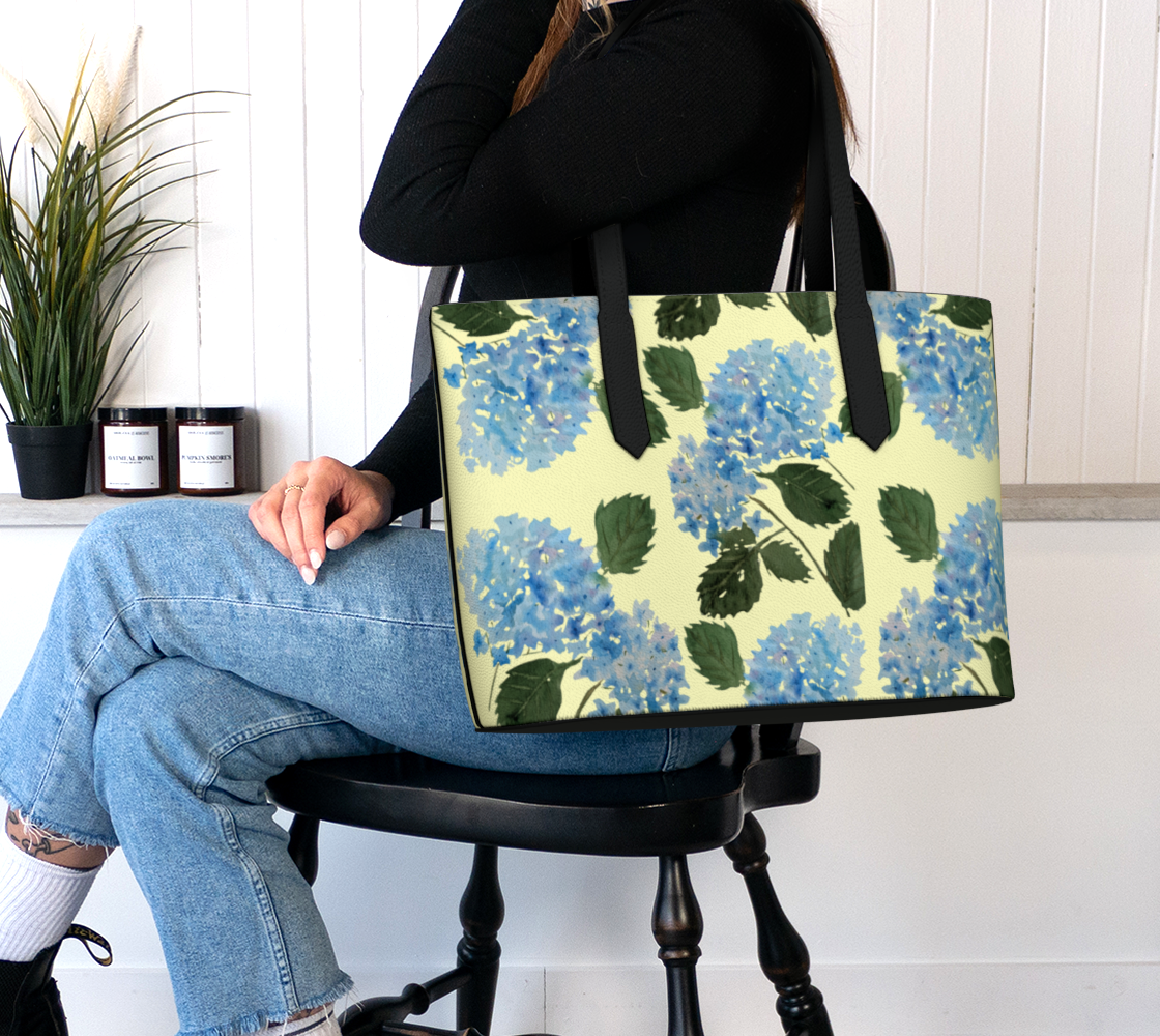 Blue Hydrangea Yellow Vegan Leather Tote - Fur, Feathers and Flowers