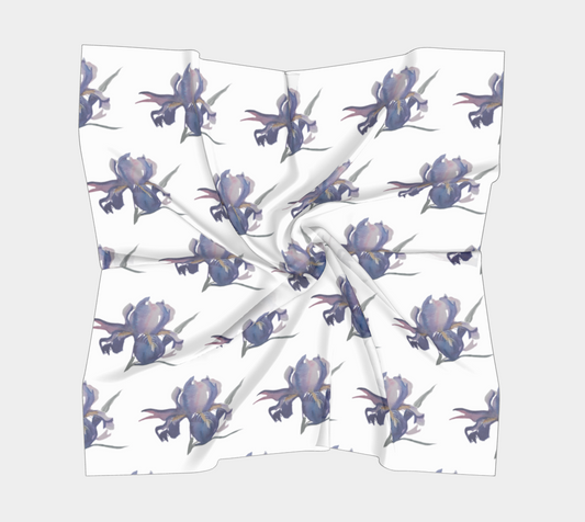 Purple Iris Original Watercolor Silk Scarf 16 x 16, by Sharon Tiger - Fur, Feathers and Flowers