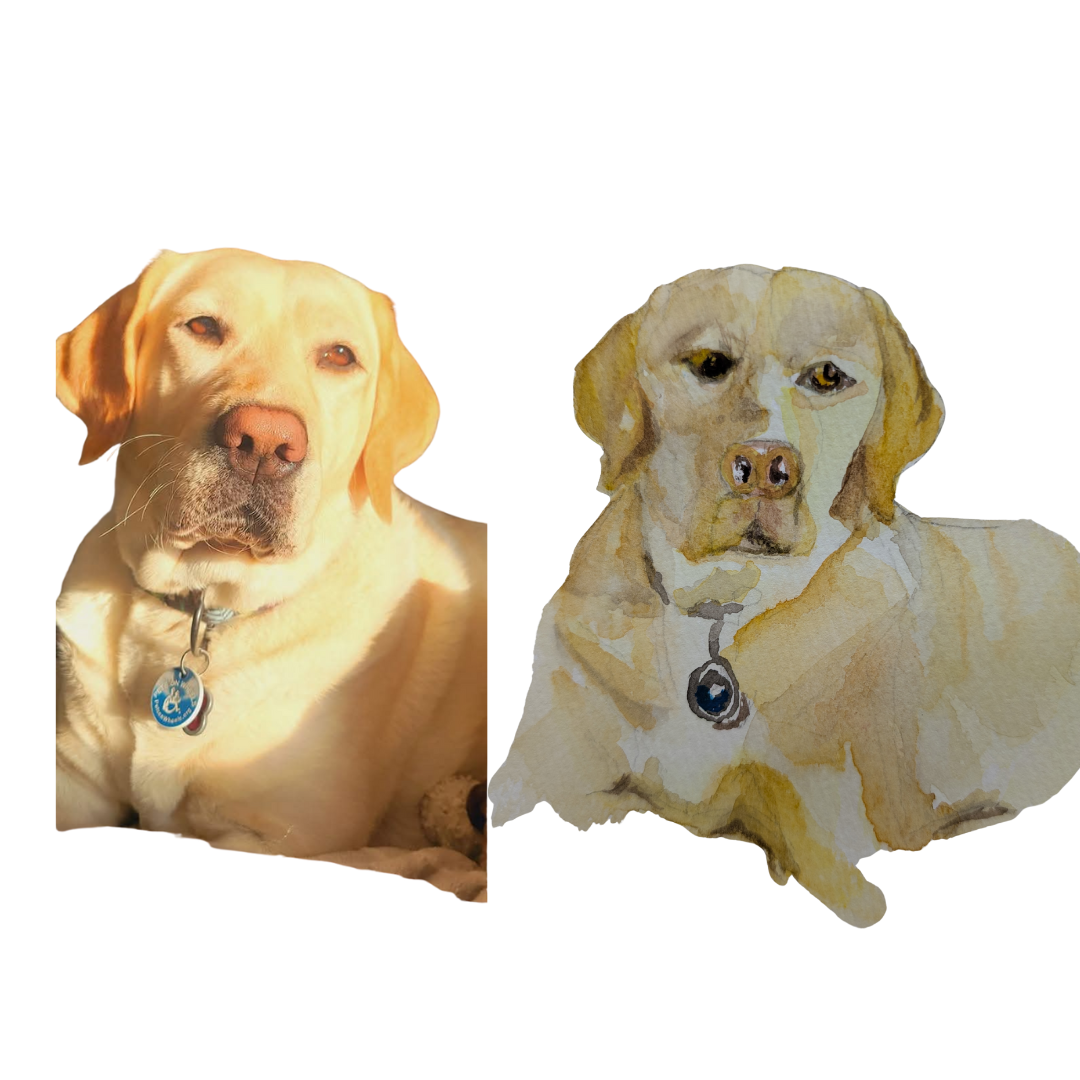 Original watercolor painting of a yellow Labrador retriever, custom pet portrait by Fur Feather and Flowers