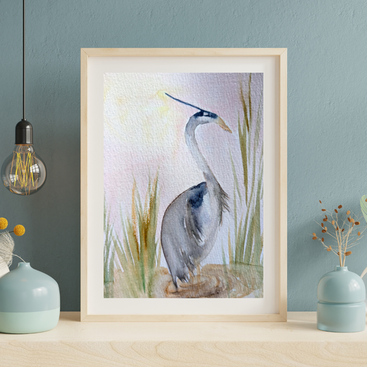 Original Watercolor Blue Heron Blush Sky by Sharon Tiger - Fur, Feathers and Flowers