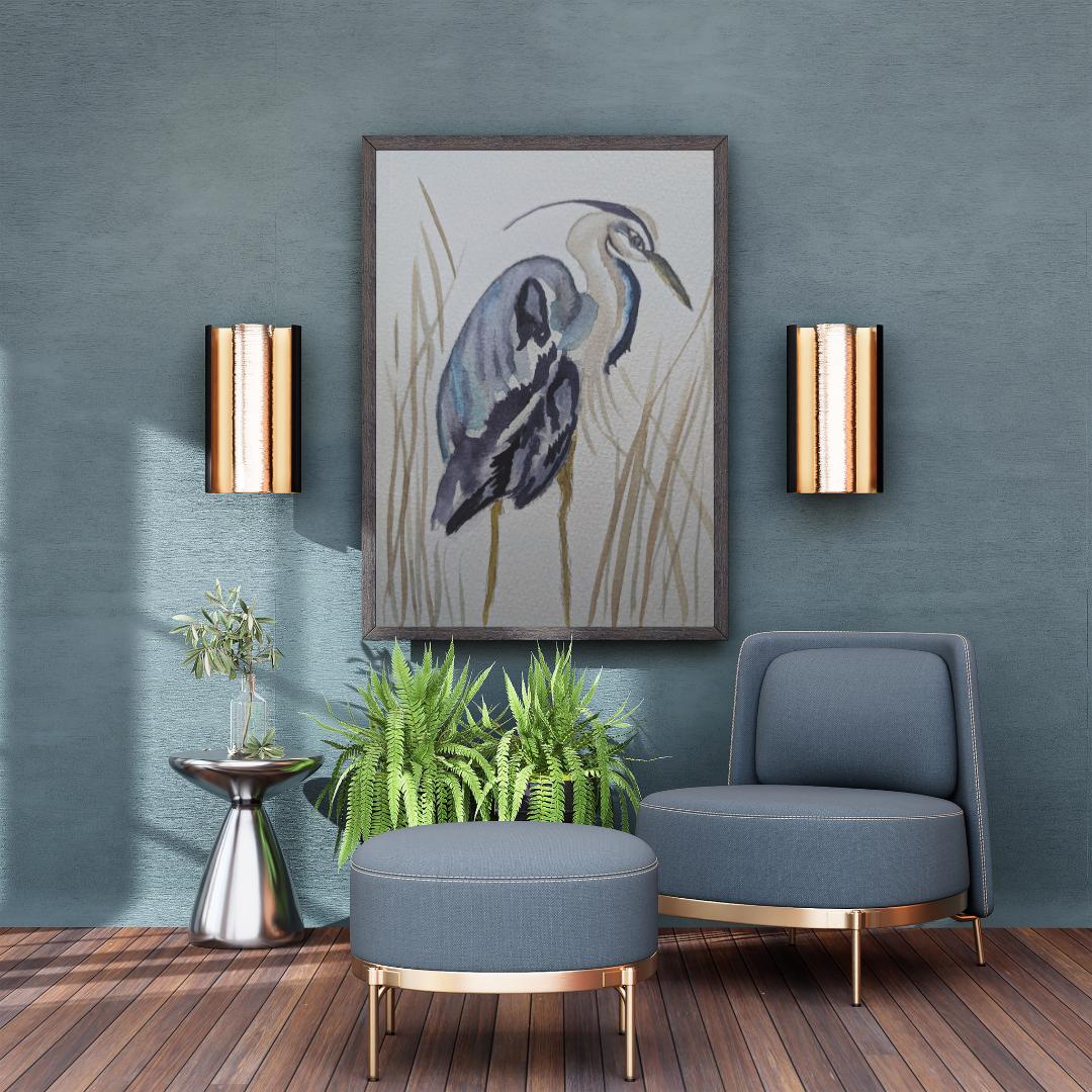 Original Watercolor Heron by Sharon Tiger - Fur, Feathers and Flowers