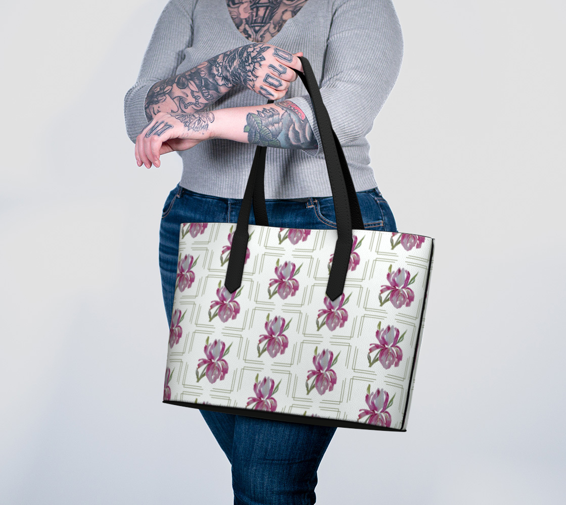 Pink Iris with Borders Vegan Leather Tote - Fur, Feathers and Flowers
