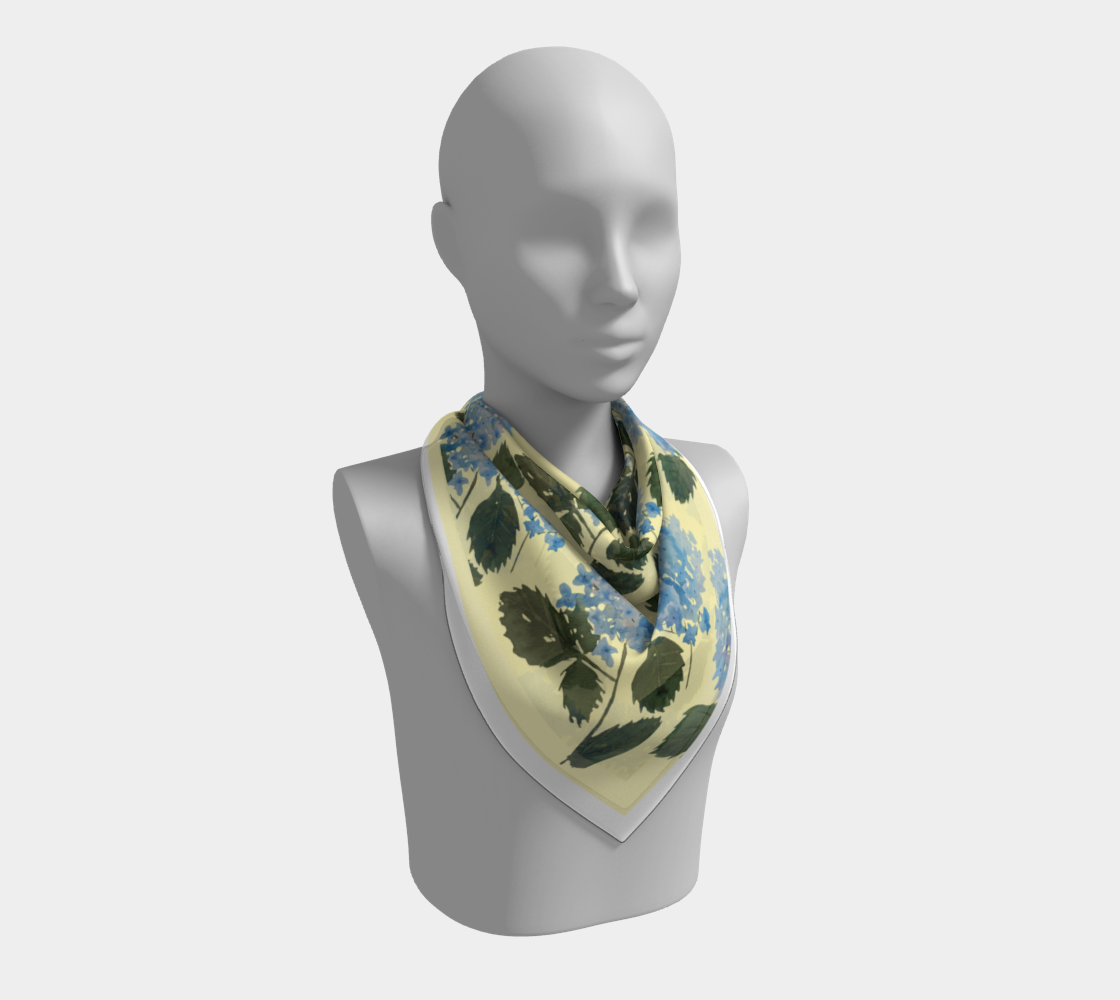 Blue Hydrangea Yellow White Border Silk Scarf by Shaorn Tiger - Fur, Feathers and Flowers