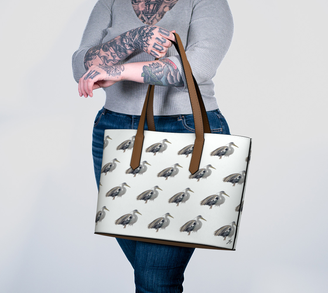 Heron Original Watercolor Vegan Leather Tote Bag - Fur, Feathers and Flowers